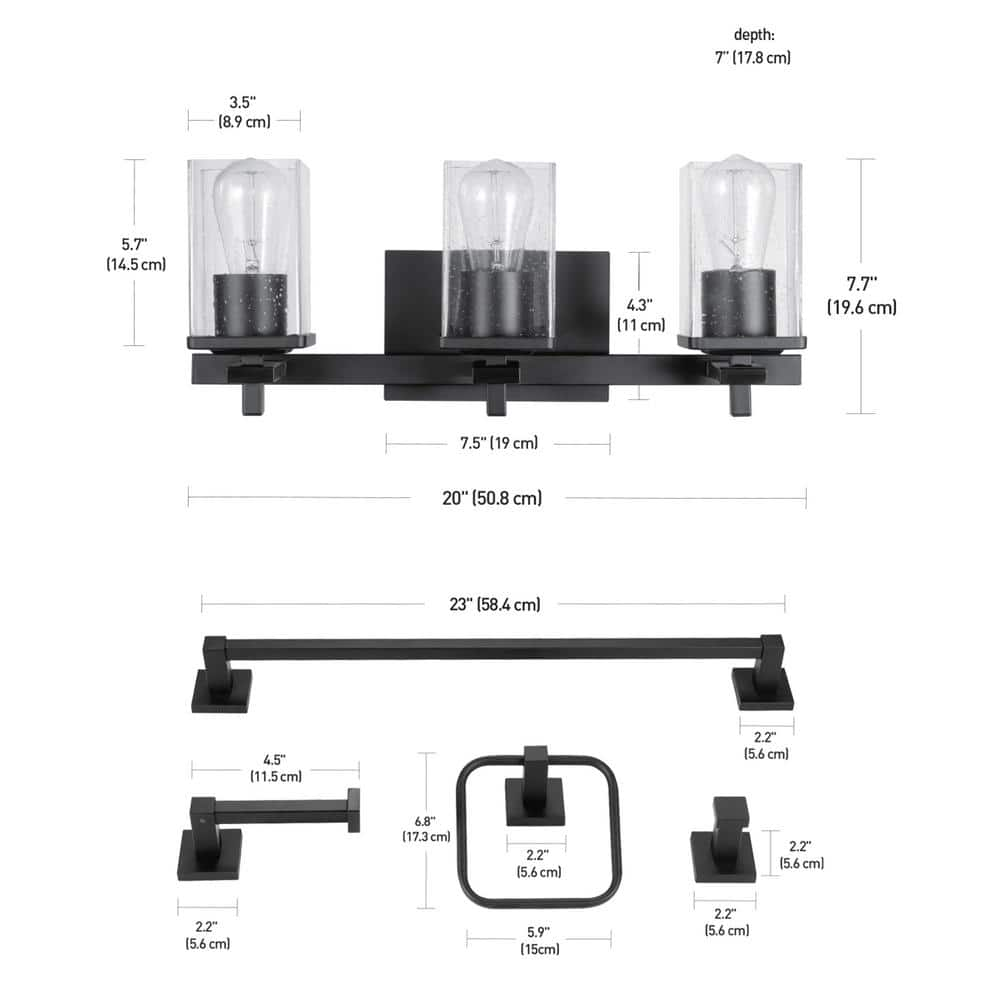 Globe Electric 51634 5-Piece All-in-One Bathroom Accessory Set, with Vanity, Matte Black, 3-Light Vanity Light, Seeded Glass, Towel Bar, Toilet Paper Holder, Towel Ring, Robe Hook, Home Improvement