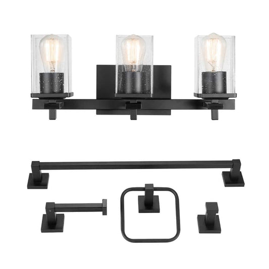 Globe Electric 51634 5-Piece All-in-One Bathroom Accessory Set, with Vanity, Matte Black, 3-Light Vanity Light, Seeded Glass, Towel Bar, Toilet Paper Holder, Towel Ring, Robe Hook, Home Improvement