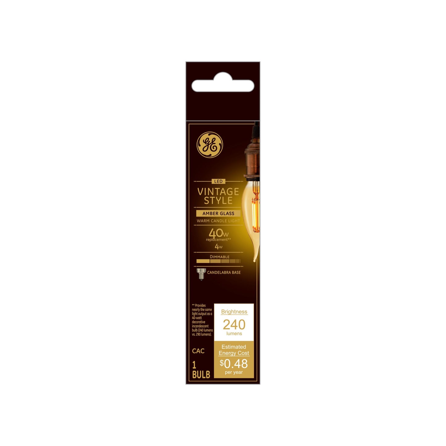 General Electric 4W (40W Equivalent) LED Decorative Light Bulb Amber Glass Warm Candle Light-2