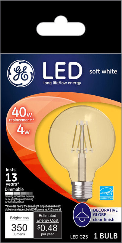 GE 24590 G25 LED Globe Bulb, Clear, Soft White, 4 Watts, 350 Lumens