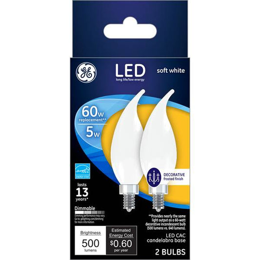 GE LED 5W (60W Equivalent) Soft White, Frosted Decorative Bent Tip Bulb (2 pack)