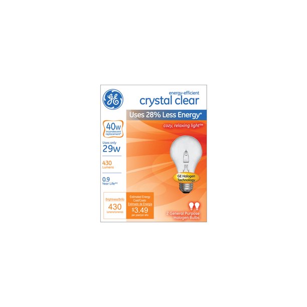 GE Lighting Clear 78795 Energy-Efficient Crystal 29 (40-watt replacement) 430-Lumen A19 Light Bulb with Medium Base, 2-Pack, 2 Count