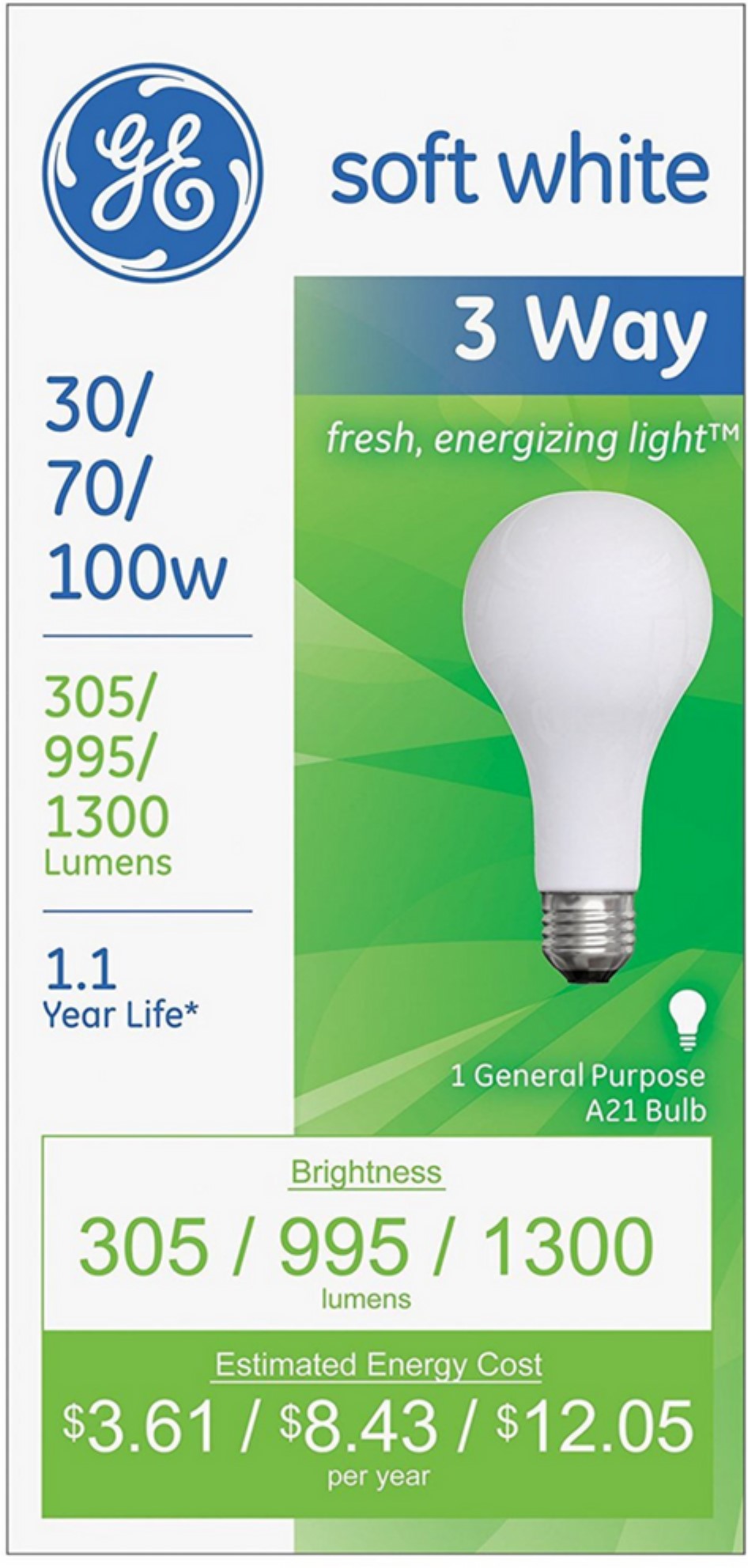 GE SoftWhite Light Bulb 3-Way 30/70/100 Watt 1 ea,