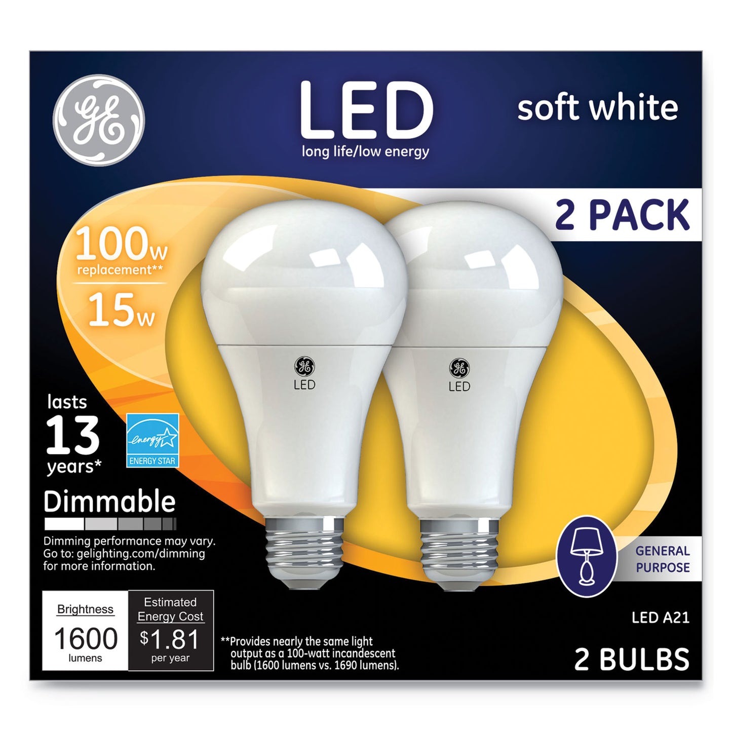 GE LED Soft White A21 Dimmable Light Bulb, 15 W, 2/Pack 65941