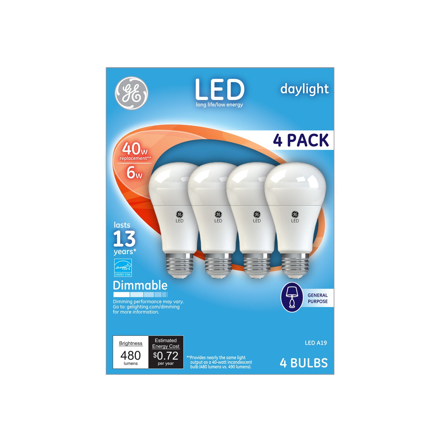 GE LED 6W Daylight General Purpose, A19 Medium Base, Dimmable, 4pk Light Bulbs