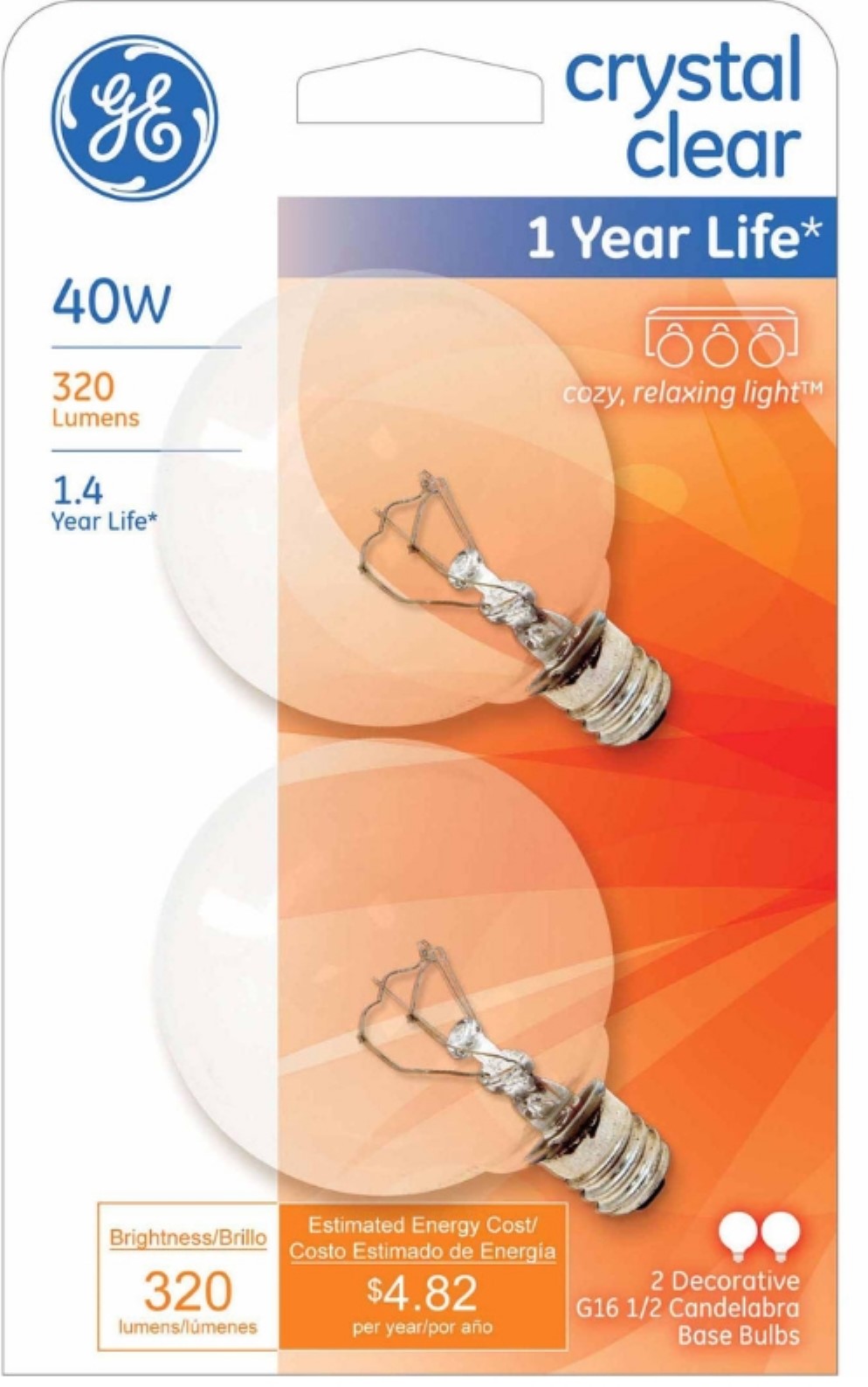 GE Incandescent 40-Watt, G16.5 Crystal Clear Decorative Mini Globe Light Bulbs , E12 Small Base, 1-Year Life, 2pk