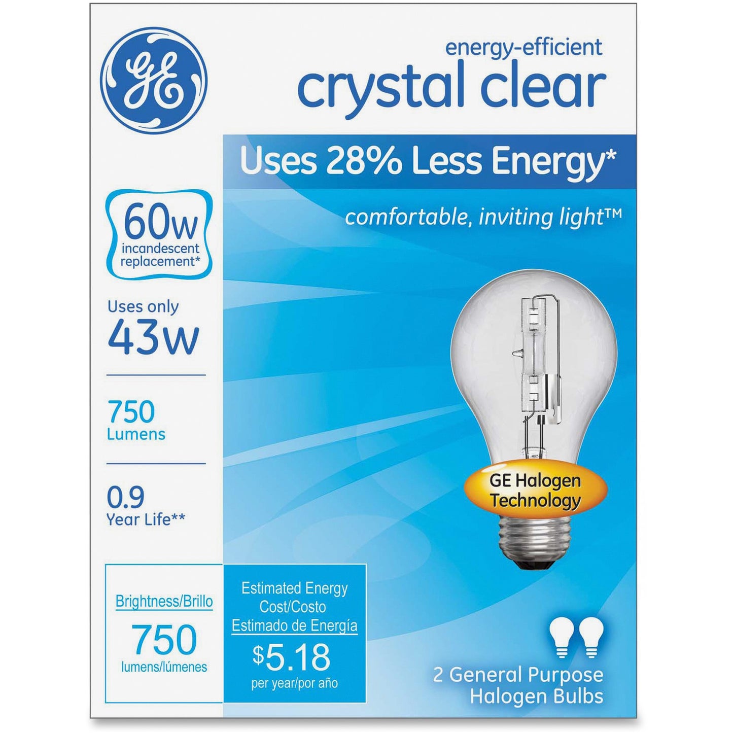 GE, GEL78796, Lighting Energy-efficient Clear 43W Bulb, 2 / Box