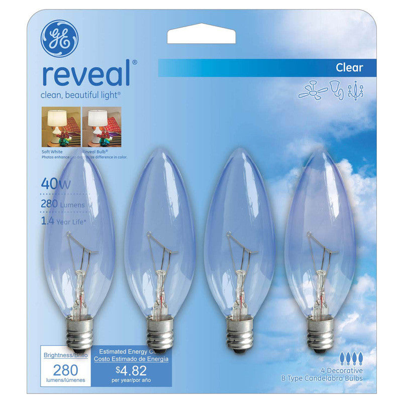 GE Reveal Decorative - Incandescent light bulb - shape: B10 - E12 - 40 W - soft white light - clear (pack of 4)