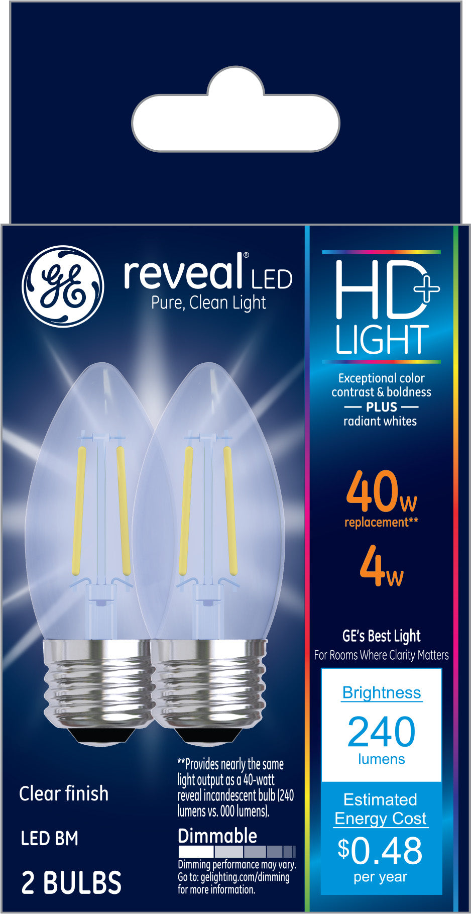 GE Reveal HD+ 4-Watt (40W Equivalent) LED Decorative Clear Light Bulbs, Medium Base, Dimmable, 2pk