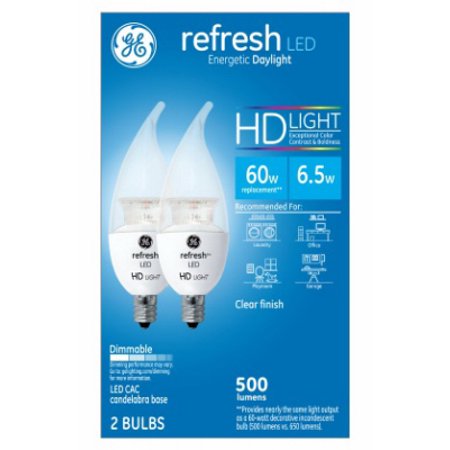 GE Lighting 92281 LED Refresh HD 6.5-watt (60-watt Replacement), 500-Lumen Candle Light Bulb with Candelabra Base, Daylight, 2-Pack