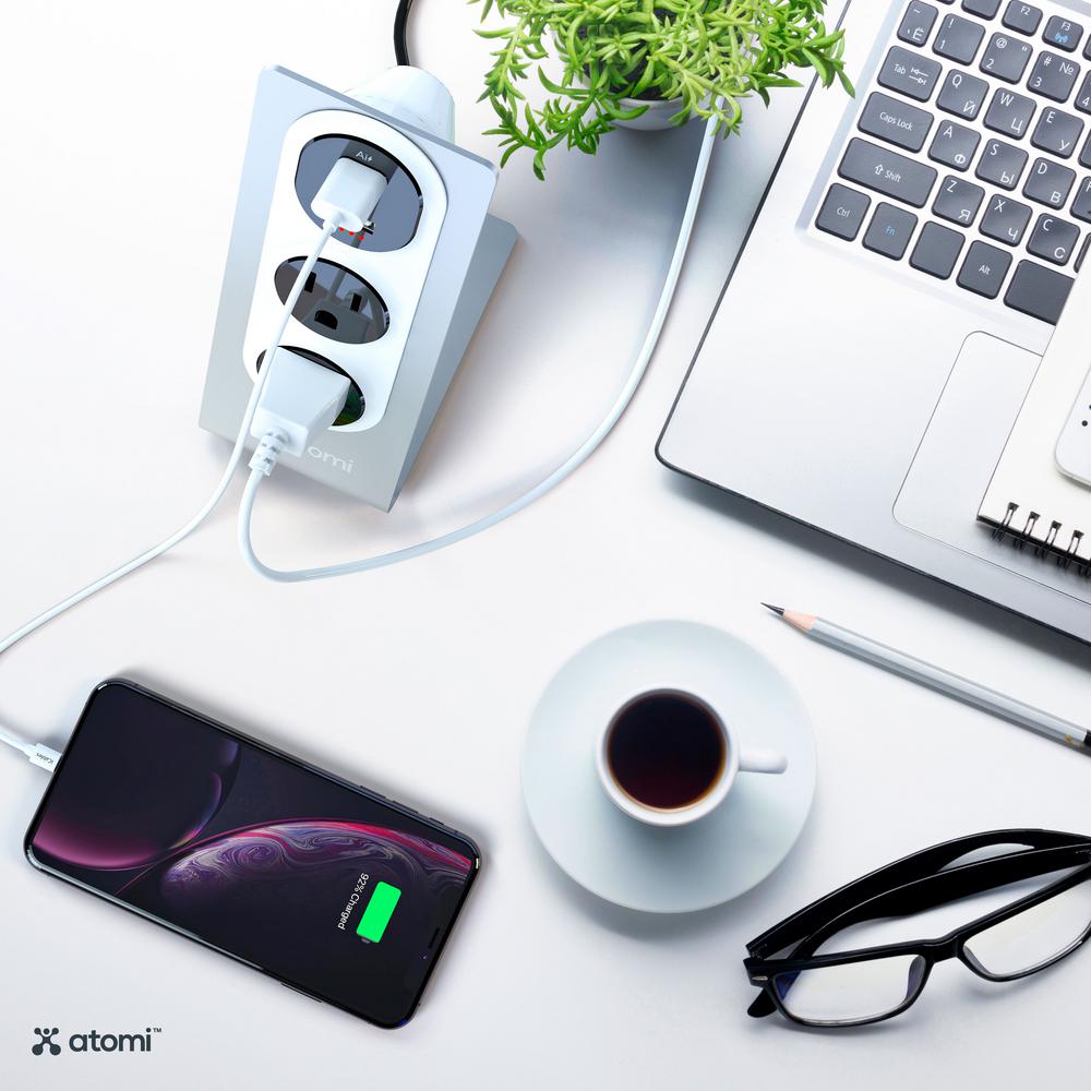 Atomi Desktop Surge Protector with USB Charge Ports and Wall Outlets