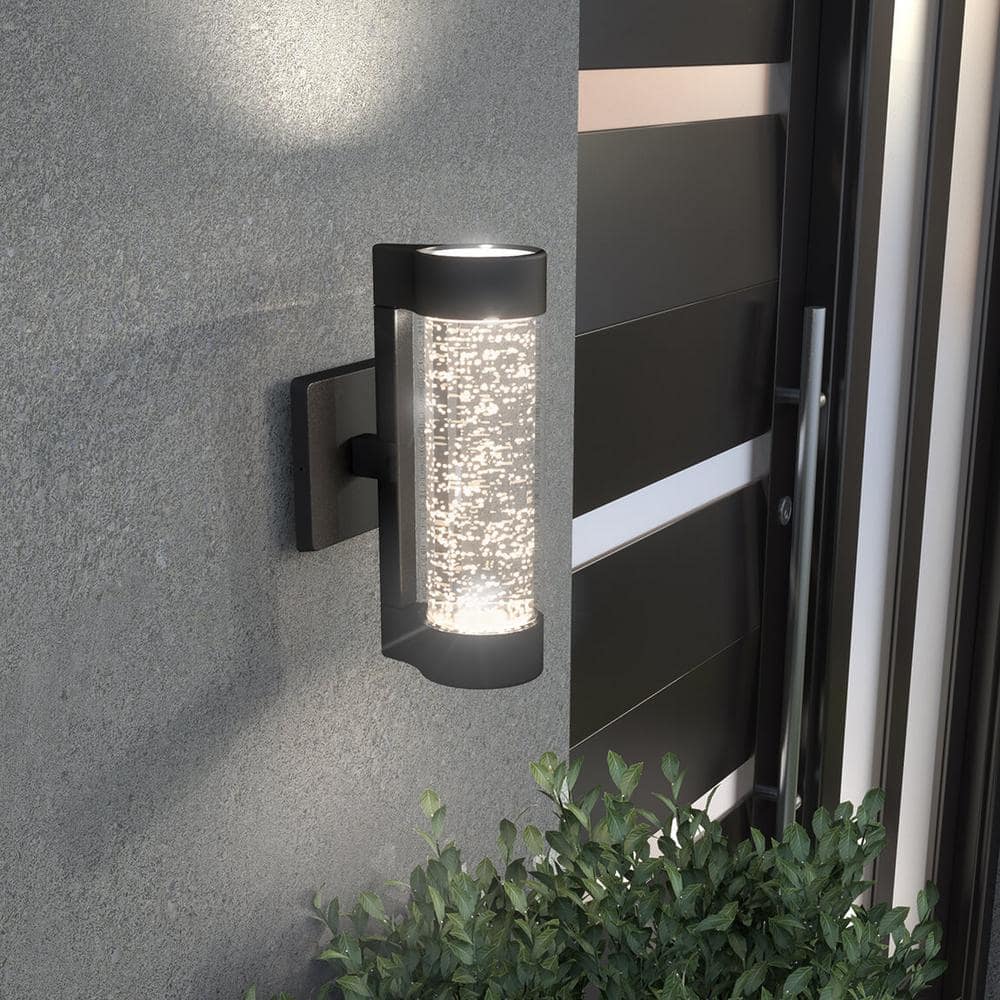 Artika Essence Cylinder Black Modern Integrated LED Indoor/Outdoor Porch Light Wall Lantern Sconce with Bubble Glass