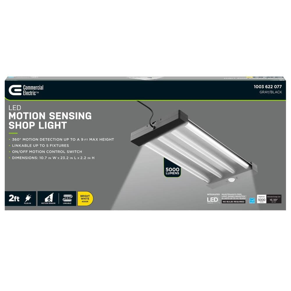 Commercial Electric 2 ft. 55 Watt Equivalent Integrated LED Black/Gray 4-Light Motion Control Garage Light, Bright White