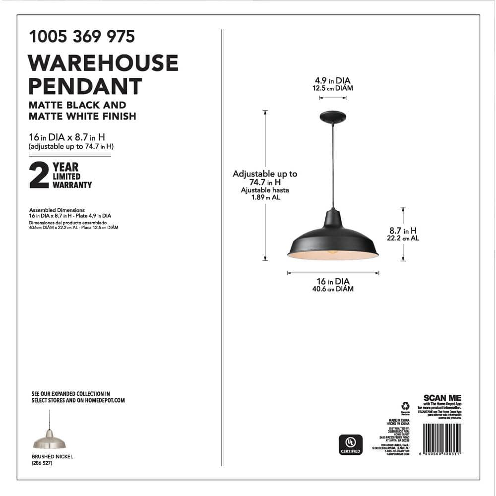 Hampton Bay 1-Light Black Warehouse Pendant Hanging Light with Metal Shade