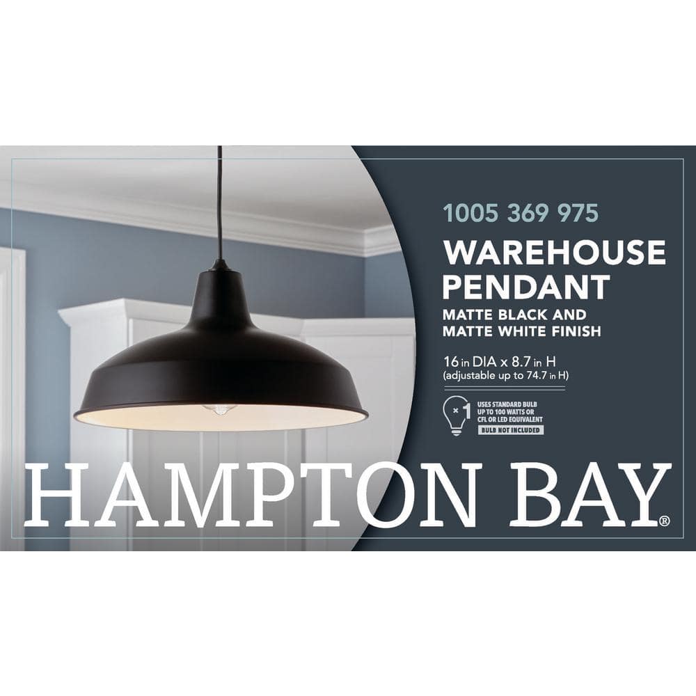 Hampton Bay 1-Light Black Warehouse Pendant Hanging Light with Metal Shade