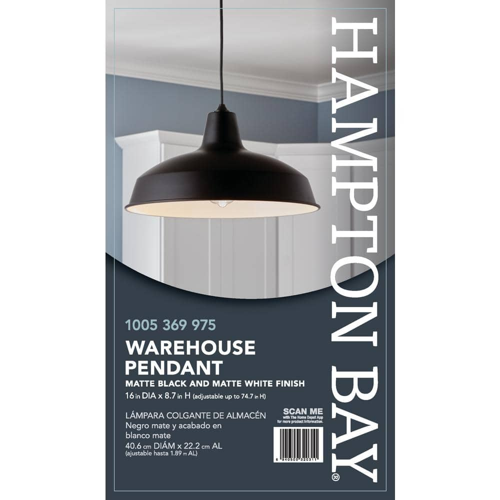 Hampton Bay 1-Light Black Warehouse Pendant Hanging Light with Metal Shade