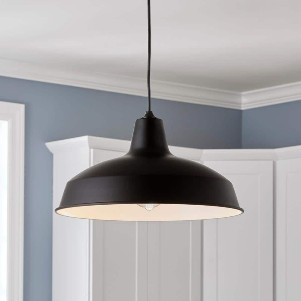 Hampton Bay 1-Light Black Warehouse Pendant Hanging Light with Metal Shade