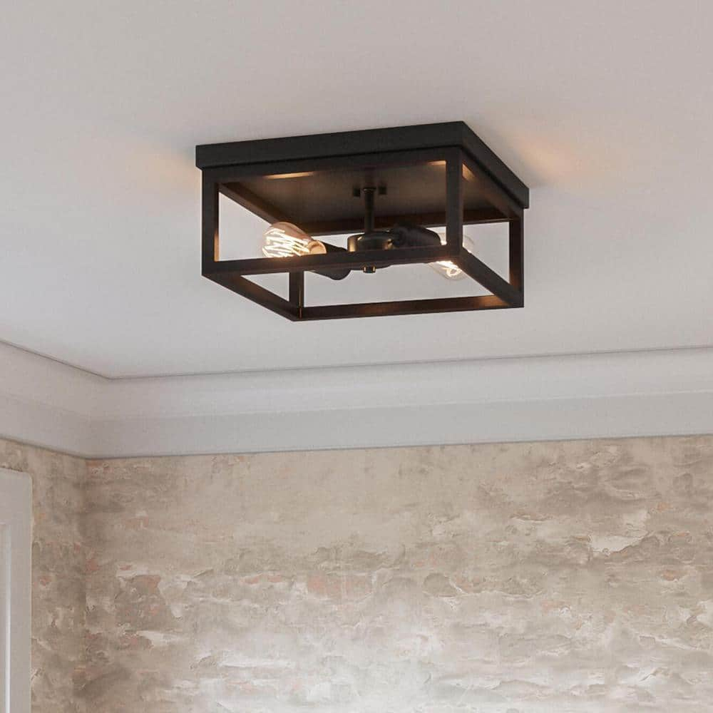 Hampton Bay Boswell Quarter 12-1/2 in. 2-Light Black Farmhouse Open Cage Flush Mount Ceiling Light