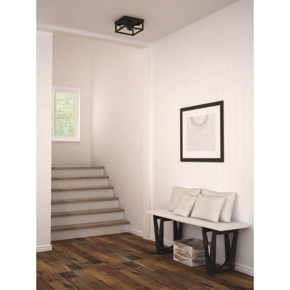 Hampton Bay Boswell Quarter 12-1/2 in. 2-Light Black Farmhouse Open Cage Flush Mount Ceiling Light