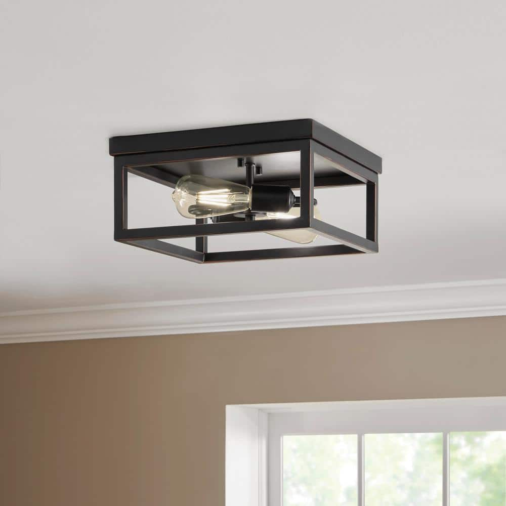 Hampton Bay Boswell Quarter 12-1/2 in. 2-Light Black Farmhouse Open Cage Flush Mount Ceiling Light