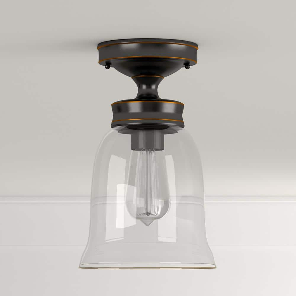 Hampton Bay Matilda 1-Light Oil Rubbed Bronze Vintage Bulb Semi-Flush Mount with Bell Shaped Clear Glass Shade