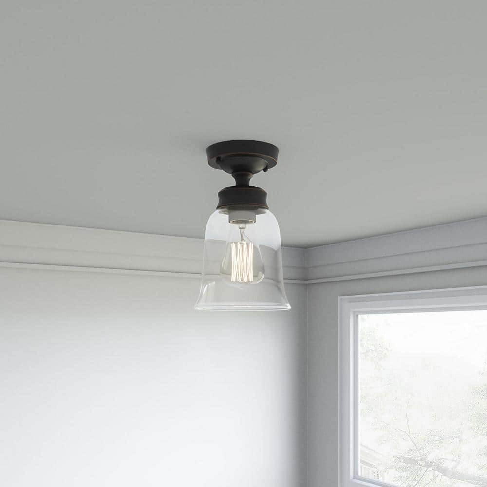 Hampton Bay Matilda 1-Light Oil Rubbed Bronze Vintage Bulb Semi-Flush Mount with Bell Shaped Clear Glass Shade