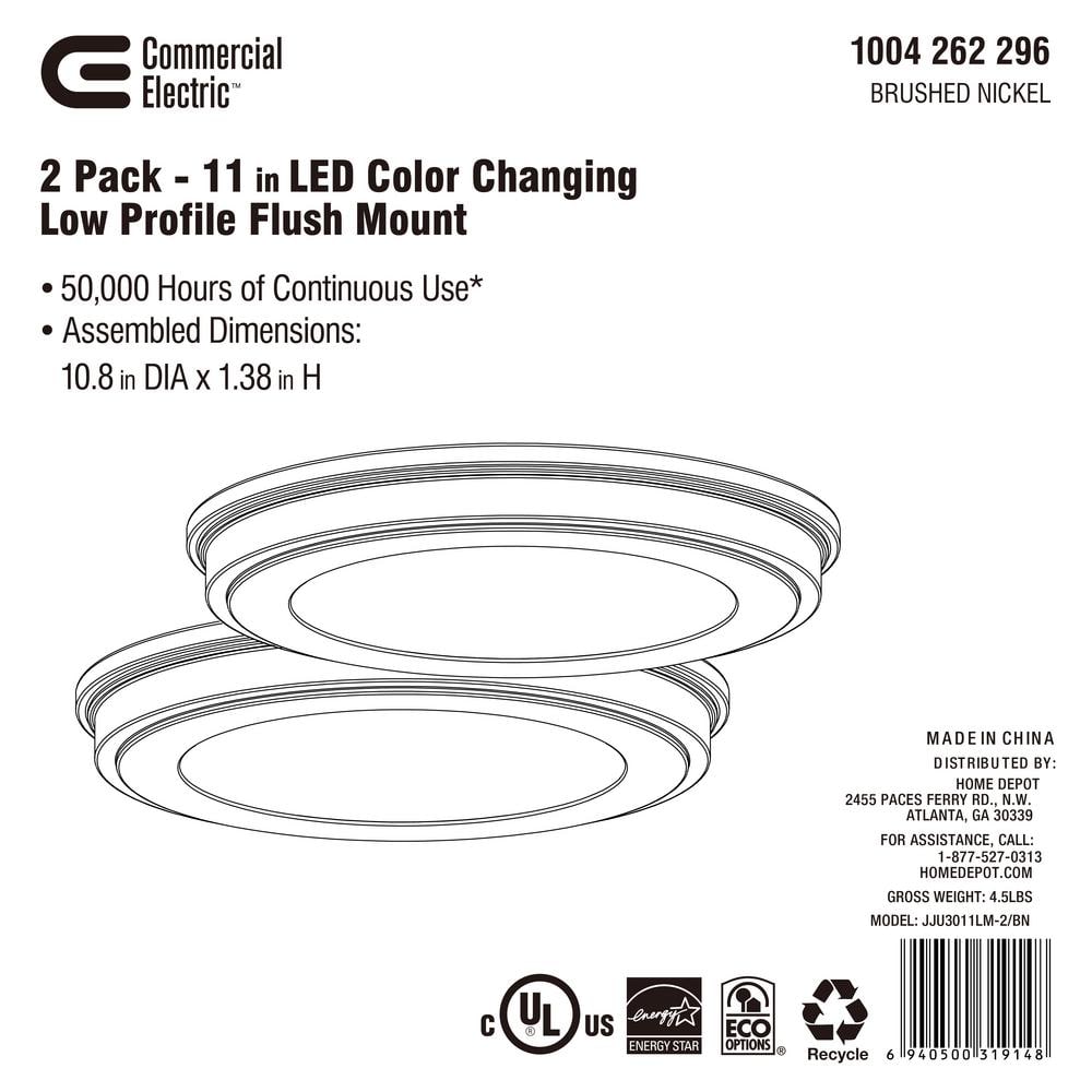 Commercial Electric 11 in. Brushed Nickel Color Changing LED Ceiling Flush Mount (2-Pack)