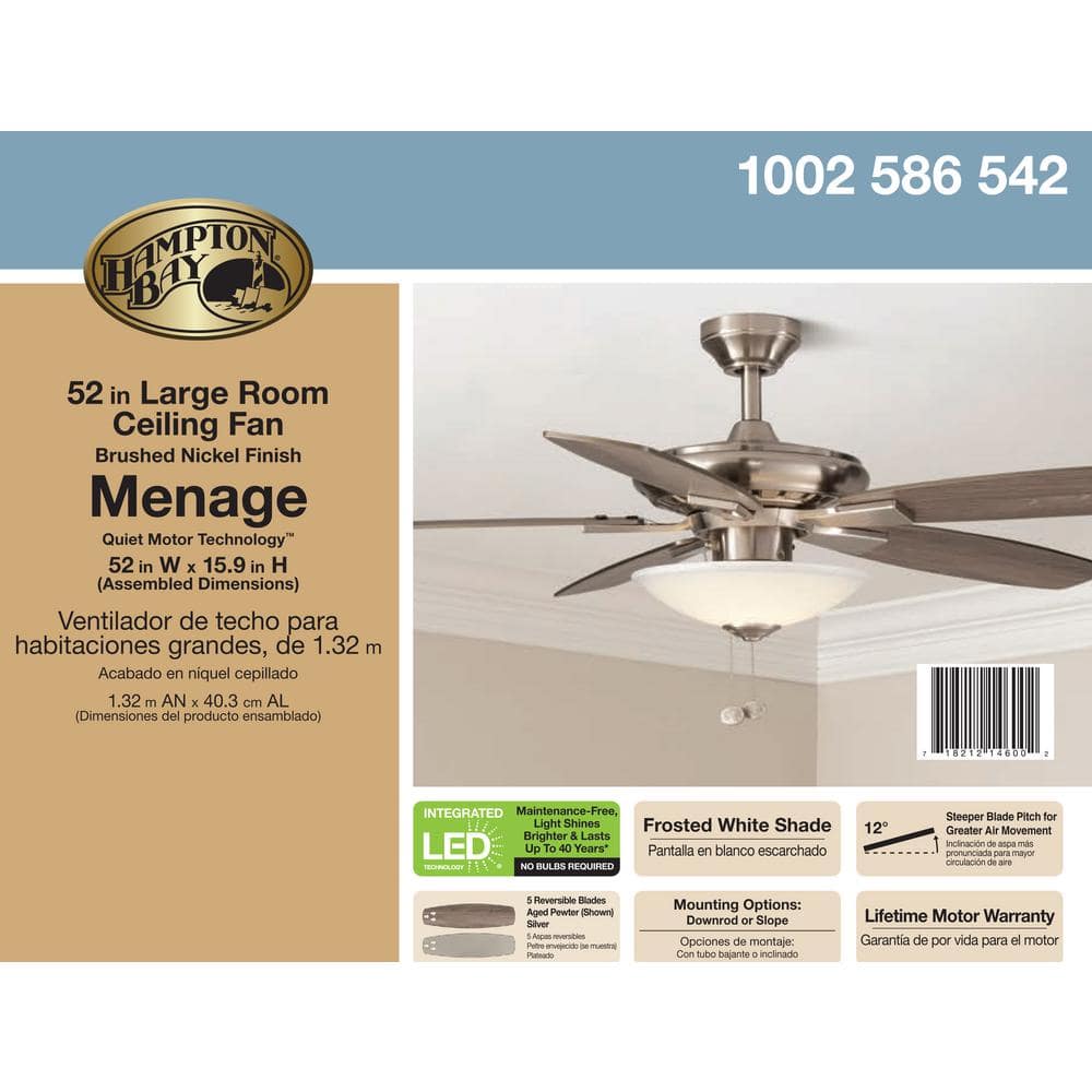 Hampton Bay Menage 52 in. Integrated LED Indoor Low Profile Brushed Nickel Ceiling Fan with Light Kit