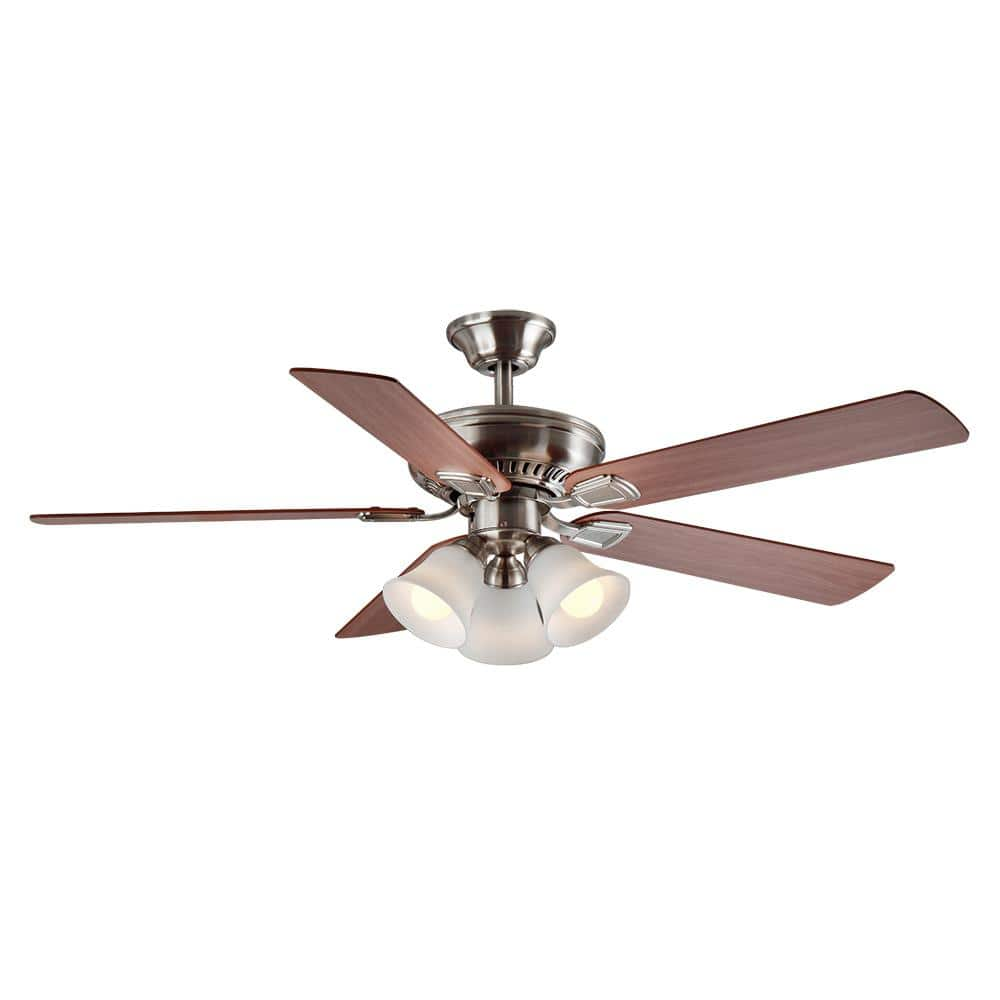 Hampton Bay Campbell 52 in. Indoor LED Brushed Nickel Ceiling Fan with Light Kit, Downrod, Reversible Blades and Remote