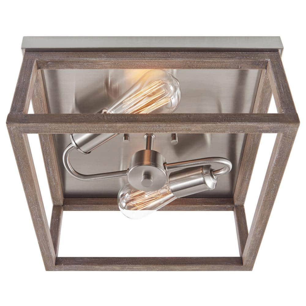 Hampton Bay Boswell Quarter 12 in. 2-Light Brushed Nickel Flush Mount with Weathered Wood Accents