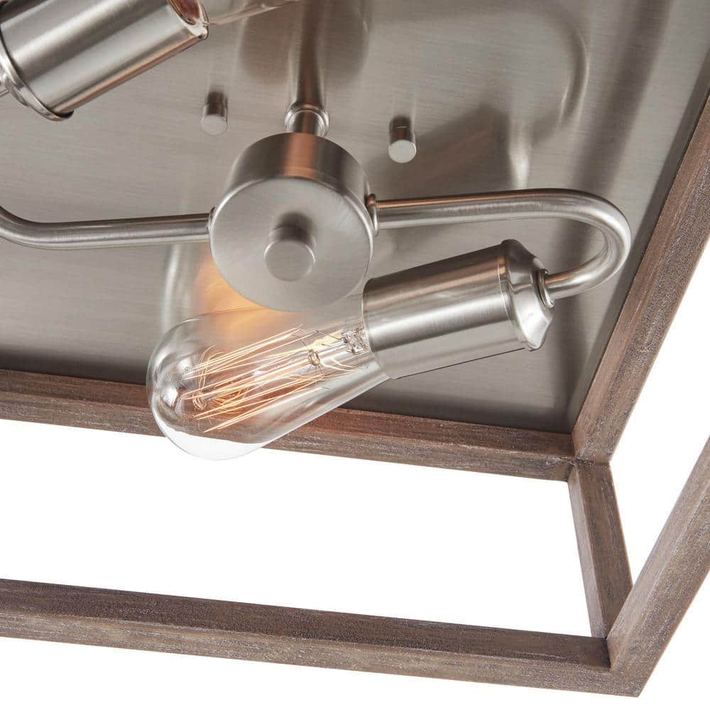 Hampton Bay Boswell Quarter 12 in. 2-Light Brushed Nickel Flush Mount with Weathered Wood Accents