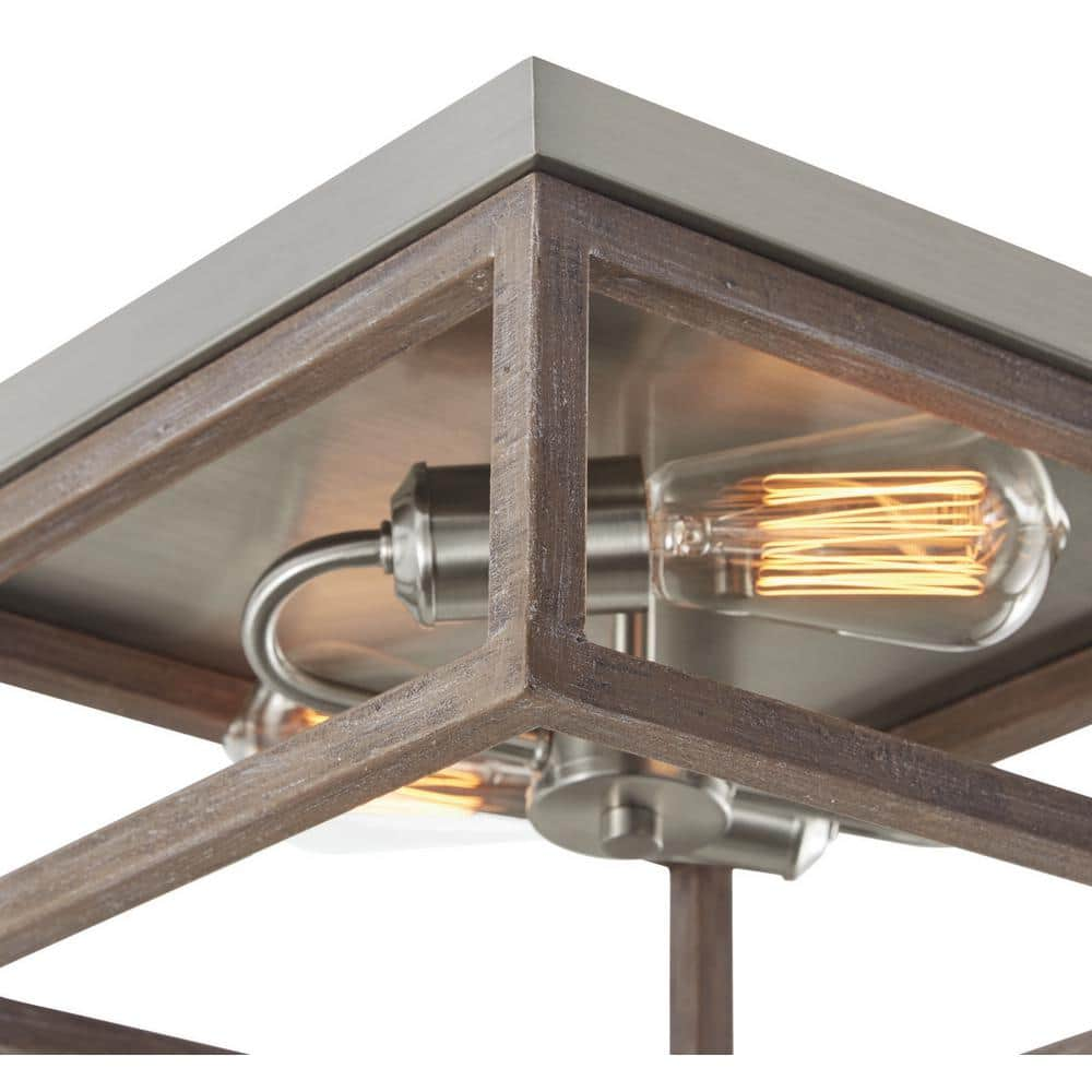 Hampton Bay Boswell Quarter 12 in. 2-Light Brushed Nickel Flush Mount with Weathered Wood Accents