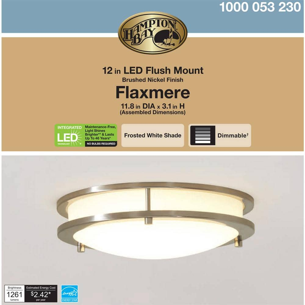 Hampton Bay Flaxmere 11.8 in. Brushed Nickel LED Flush Mount Ceiling Light with Frosted White Glass Shade