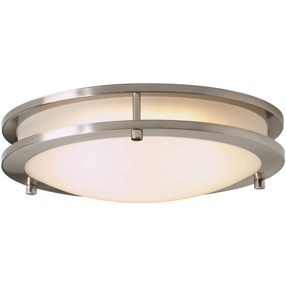 Hampton Bay Flaxmere 11.8 in. Brushed Nickel LED Flush Mount Ceiling Light with Frosted White Glass Shade