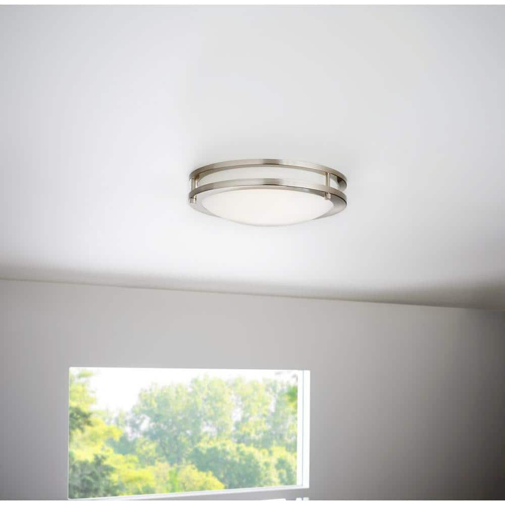 Hampton Bay Flaxmere 11.8 in. Brushed Nickel LED Flush Mount Ceiling Light with Frosted White Glass Shade