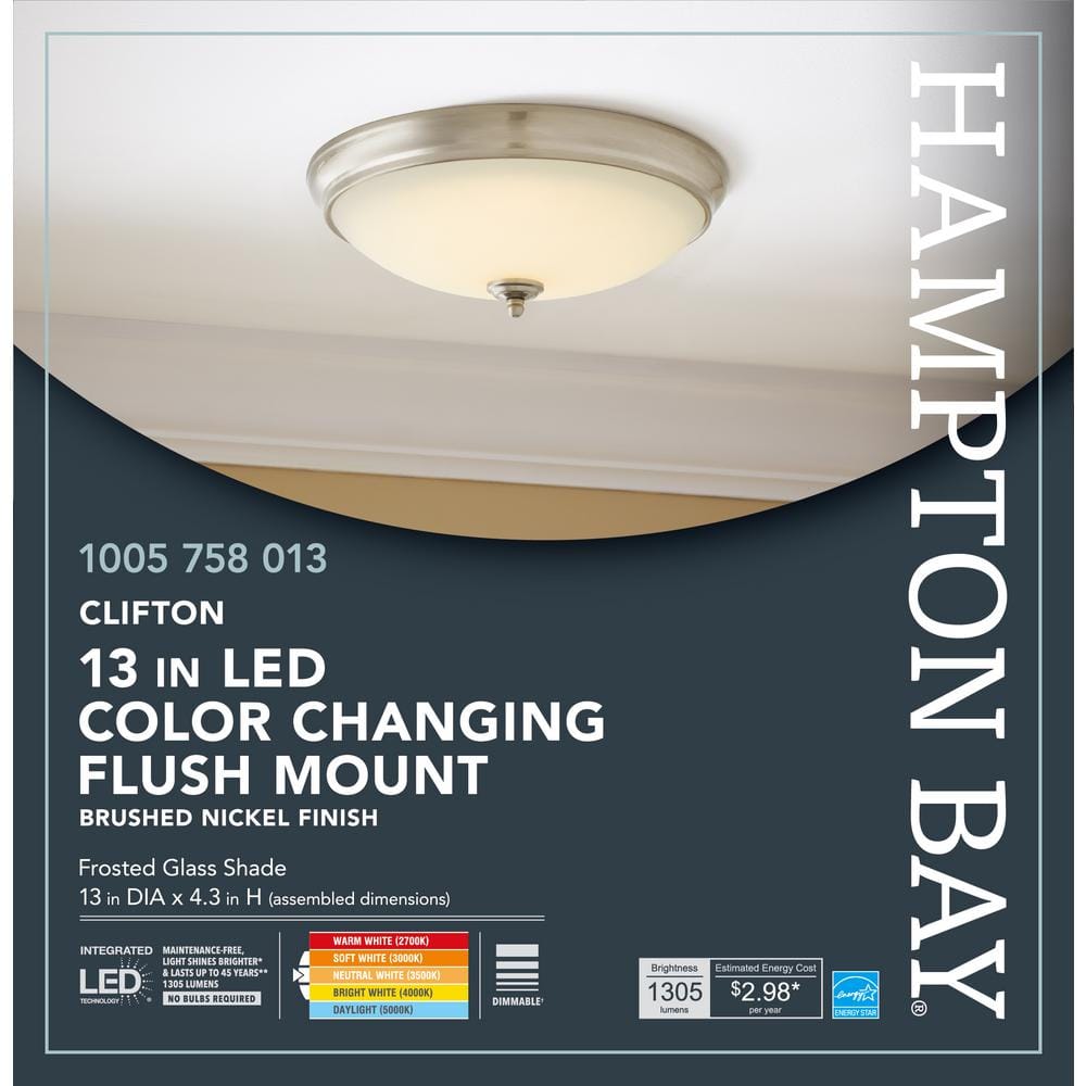 Hampton Bay Clifton 13 in. Brushed Nickel Selectable LED Flush Mount