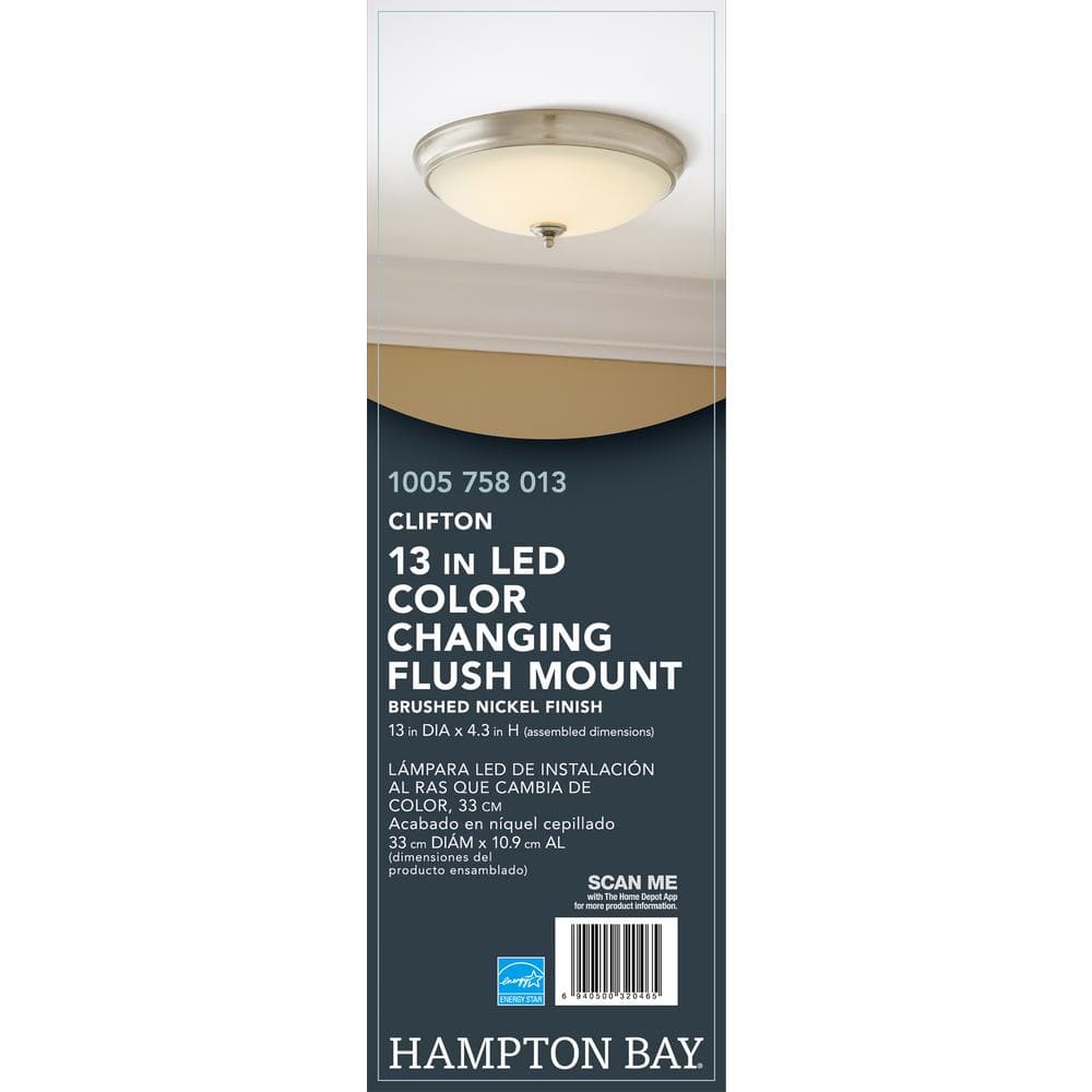 Hampton Bay Clifton 13 in. Brushed Nickel Selectable LED Flush Mount