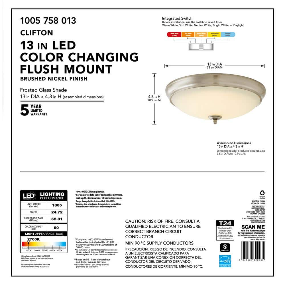 Hampton Bay Clifton 13 in. Brushed Nickel Selectable LED Flush Mount