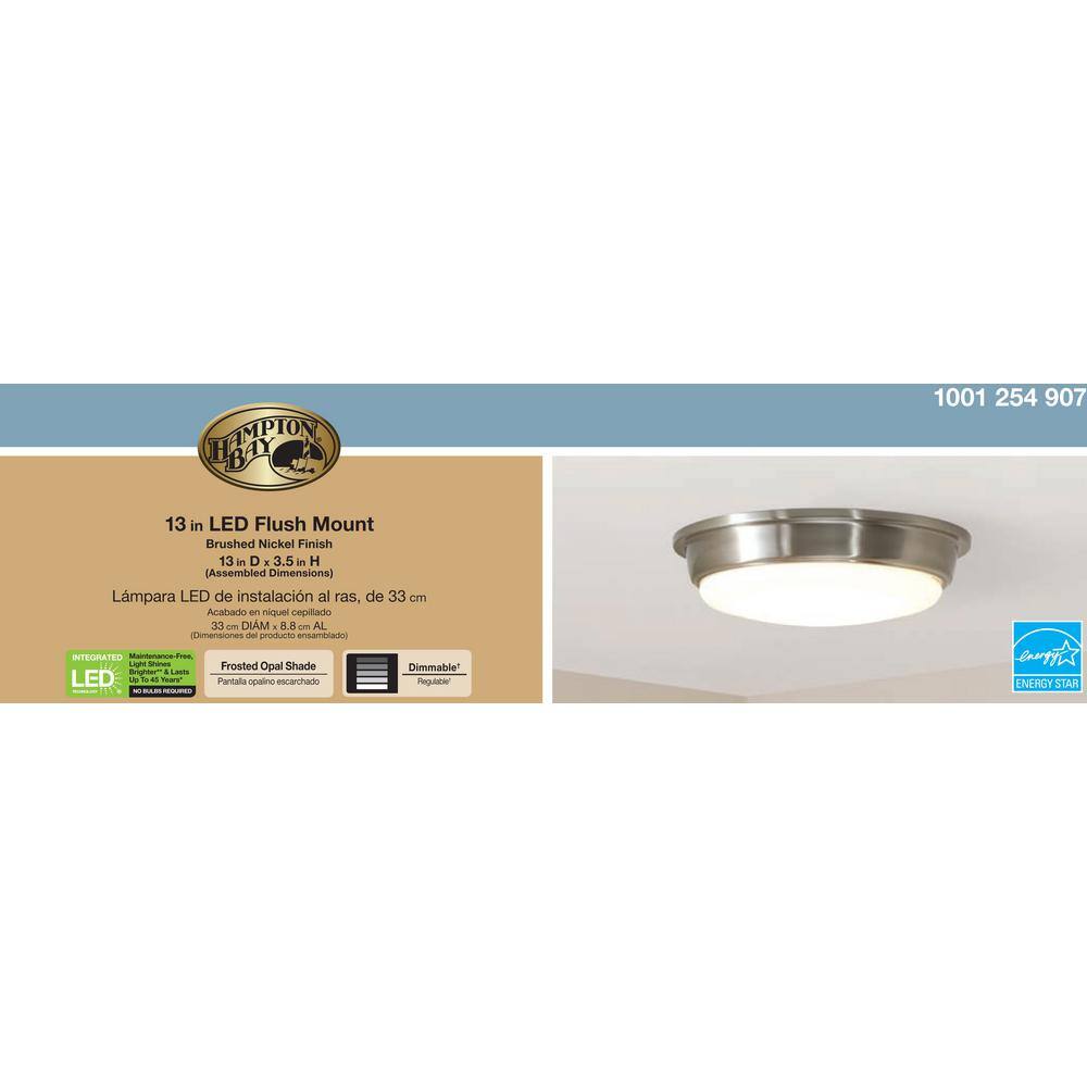 Hampton Bay 13 in. 180-Watt Equivalent Brushed Nickel Integrated LED Flush Mount with Frosted Acrylic Shade