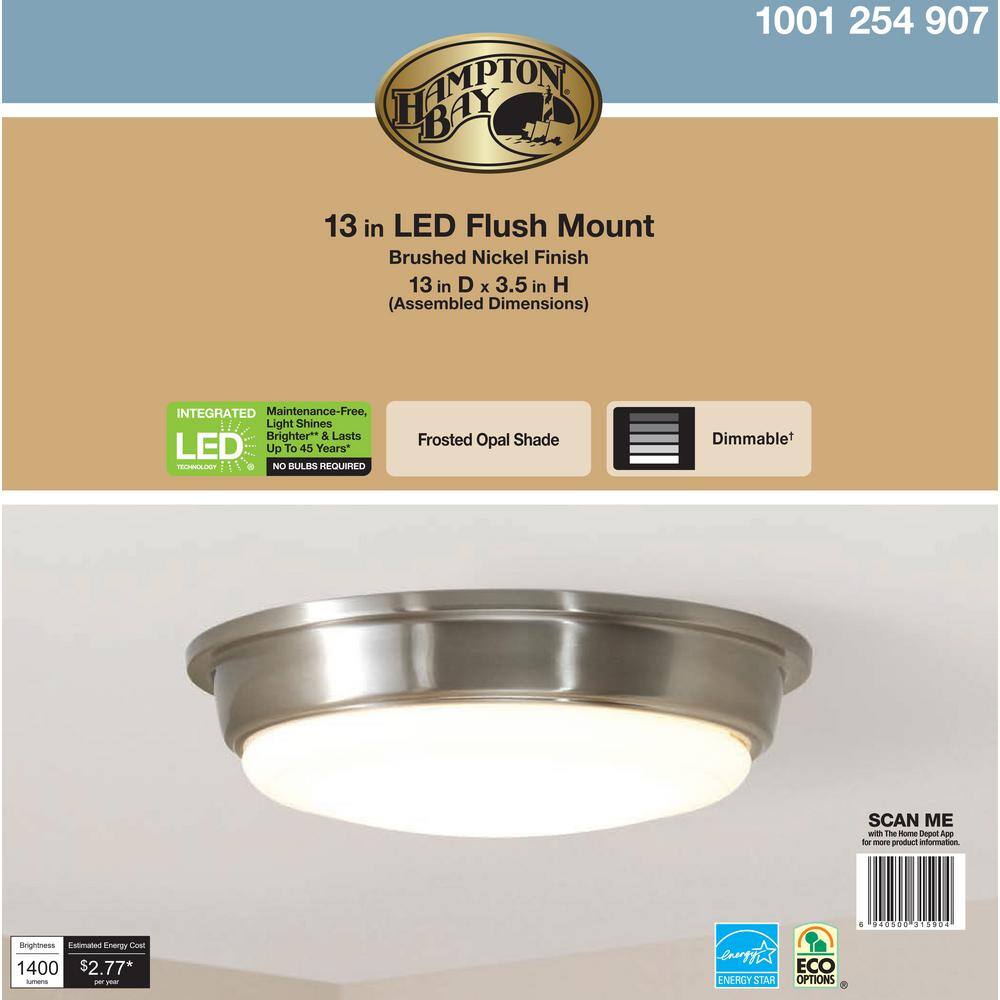 Hampton Bay 13 in. 180-Watt Equivalent Brushed Nickel Integrated LED Flush Mount with Frosted Acrylic Shade