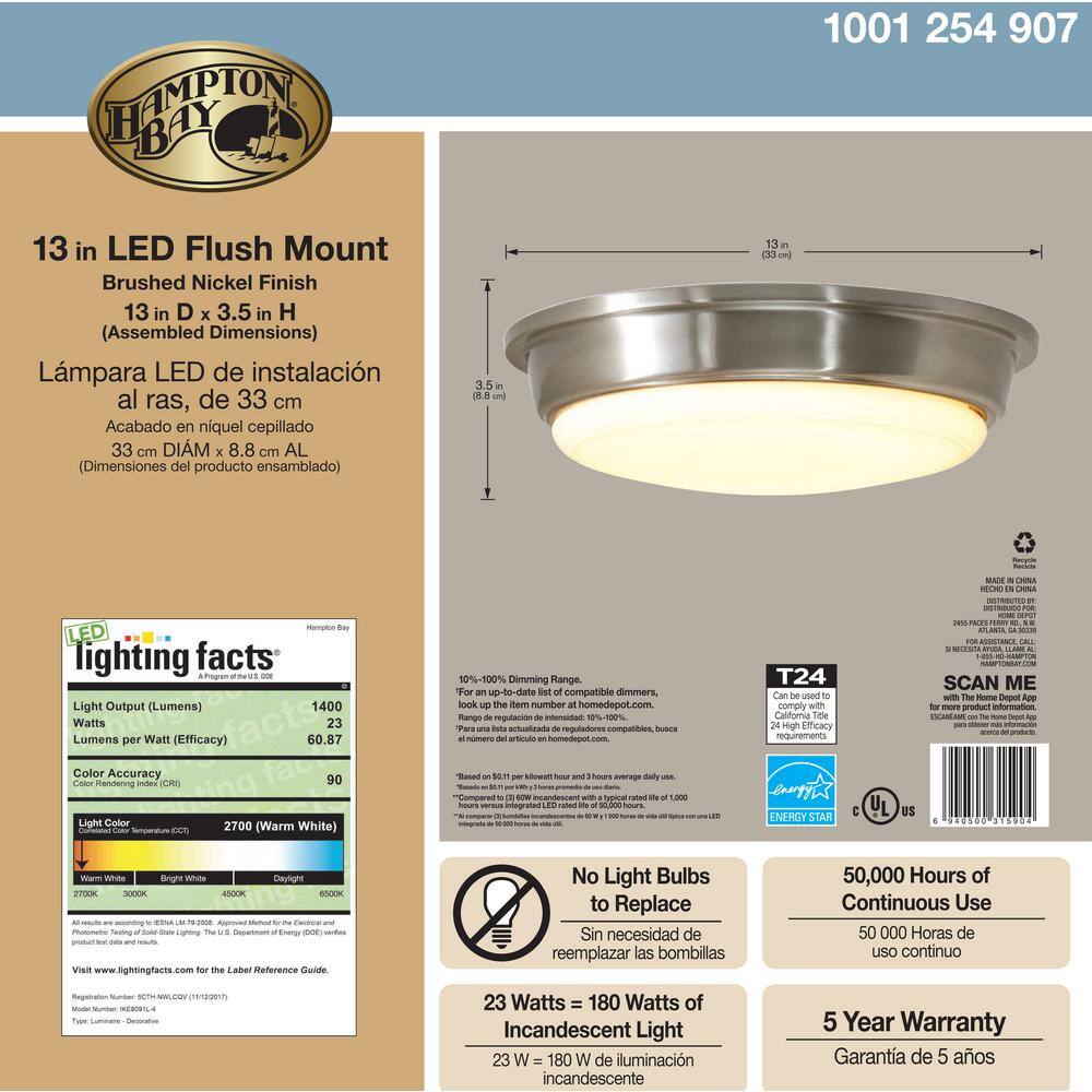 Hampton Bay 13 in. 180-Watt Equivalent Brushed Nickel Integrated LED Flush Mount with Frosted Acrylic Shade