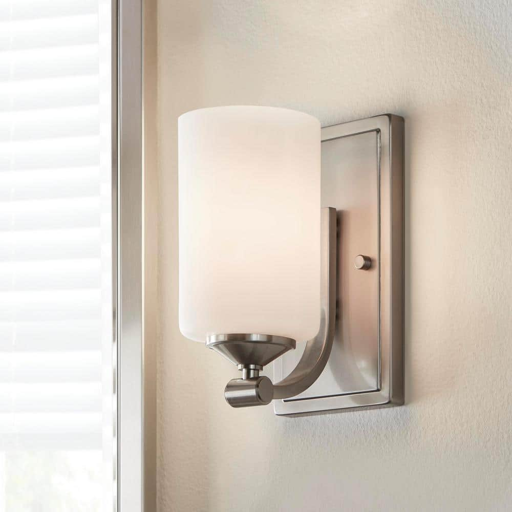 Hampton Bay 1-Light Brushed Nickel Wall Sconce with Frosted Opal Glass Shade