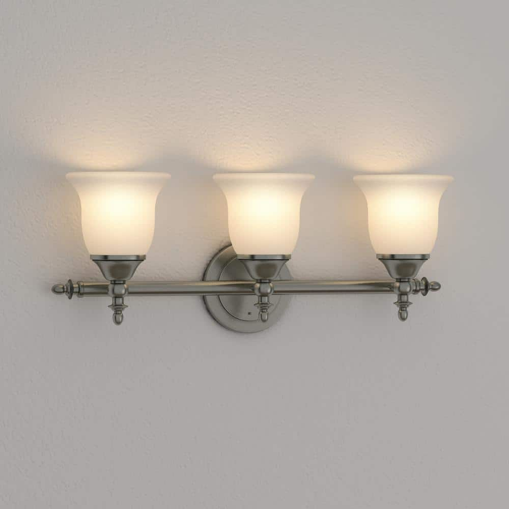 Hampton Bay Olgelthorpe 3-Light Brushed Nickel Bathroom Vanity Light with Bell Shaped Frosted Glass Shades