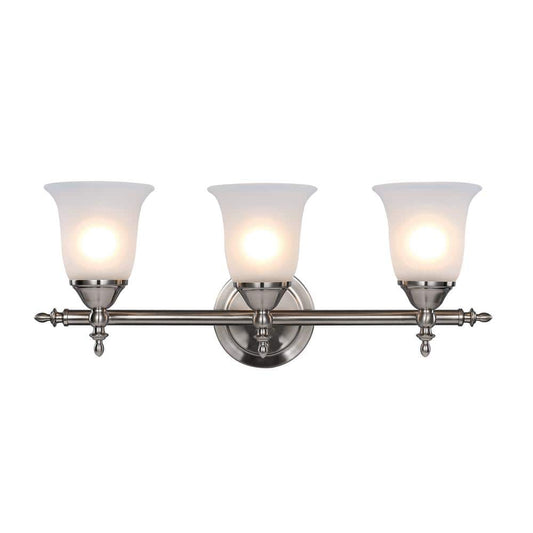 Hampton Bay Olgelthorpe 3-Light Brushed Nickel Bathroom Vanity Light with Bell Shaped Frosted Glass Shades