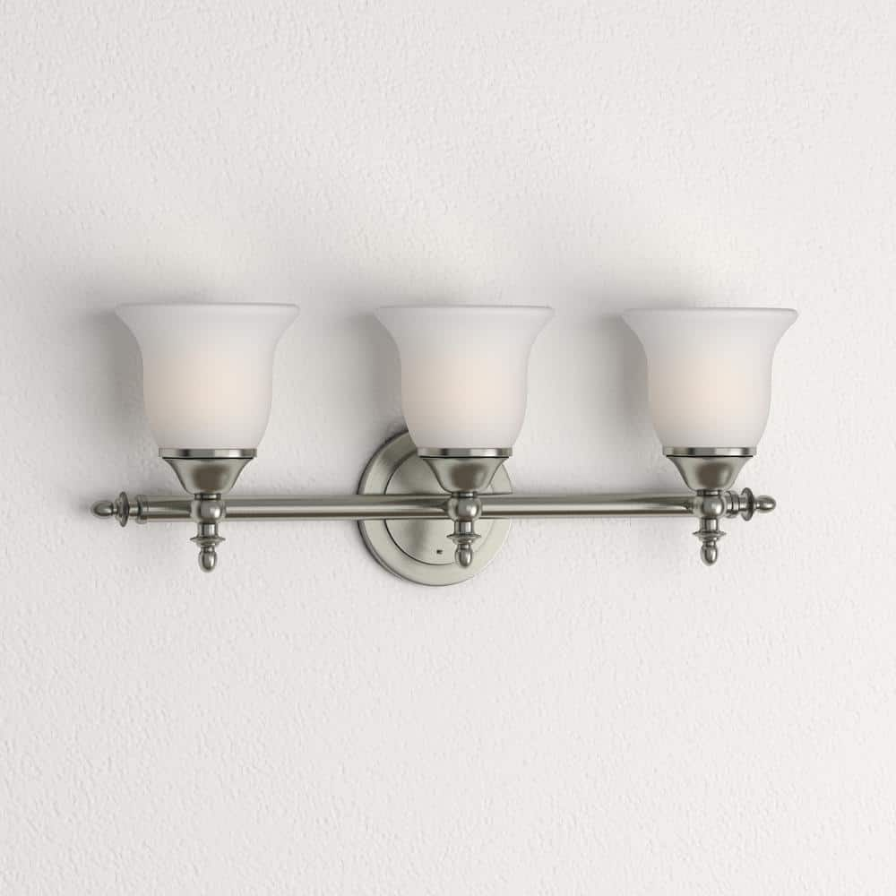 Hampton Bay Olgelthorpe 3-Light Brushed Nickel Bathroom Vanity Light with Bell Shaped Frosted Glass Shades