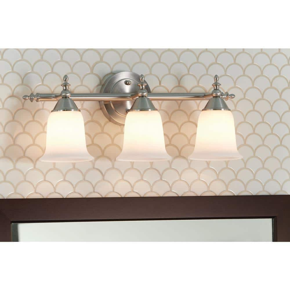 Hampton Bay Olgelthorpe 3-Light Brushed Nickel Bathroom Vanity Light with Bell Shaped Frosted Glass Shades