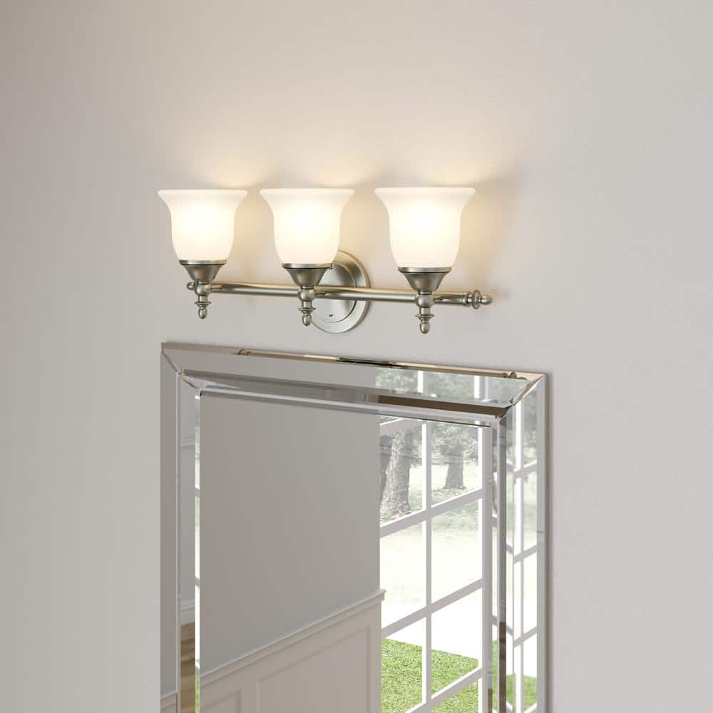 Hampton Bay Olgelthorpe 3-Light Brushed Nickel Bathroom Vanity Light with Bell Shaped Frosted Glass Shades