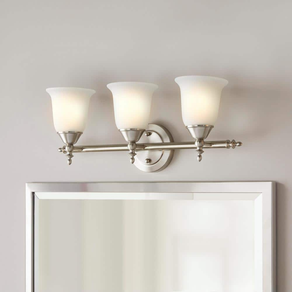 Hampton Bay Olgelthorpe 3-Light Brushed Nickel Bathroom Vanity Light with Bell Shaped Frosted Glass Shades