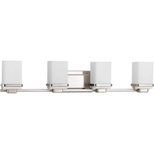 Progress Lighting Metric Collection 4-Light Brushed Nickel Etched/Painted White Inside Glass Coastal Bath Vanity Light