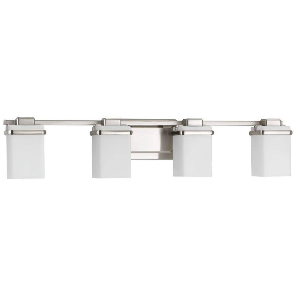 Progress Lighting Metric Collection 4-Light Brushed Nickel Etched/Painted White Inside Glass Coastal Bath Vanity Light